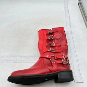 Knee High Boots Women Square Toe Pull On Boots Wide Calf Riding Boots Buckles